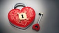 Key standing next to red heart shaped box. 3D illustration Royalty Free Stock Photo