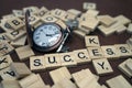 Key and success word wood box letters and small clock with metal key bussiness concept