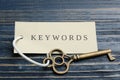 Key with tag KEYWORDS on blue wooden background, closeup Royalty Free Stock Photo