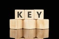 KEY text assembled from wooden cubes on a black background