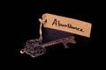 Key to abundant life concept - Old key with abundance tag isolated on black background Royalty Free Stock Photo