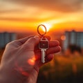 Key to happiness Hand with car keys against a sunset backdrop