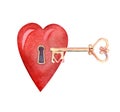 The key to the heart. Vintage golden heart shaped little key. Big red heart with keyhole. Decorative element. Hand-drawn Royalty Free Stock Photo