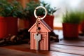 Key to a house, attached to a keychain on table. Concept buying a new house and the real estate property