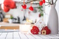 Key to house of cozy home with Valentine decor on table of kitchen. Gift for valentines day, family love nest. Building, design,