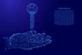 Key to the lock and holding hand from futuristic polygonal blue lines and glowing stars for banner, poster, greeting card. Vector Royalty Free Stock Photo