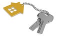 Key to a new home concept - House keys with trinket house isolated on white. 3d rendering Royalty Free Stock Photo