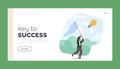 Key to Success Landing Page Template. Businessman Chasing Flying Light Bulb Trying to Catch it with Butterfly Net