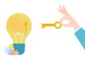 Key to success, new business idea solution, vector illustration, hand unlock creativity innovation, lock and keyhole