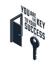 The key to success vector conceptual illustration with half open door and key. Royalty Free Stock Photo