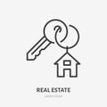 Key with trinket house on ring flat line icon. Vector thin sign of trinket, condo rent logo. Real estate illustration