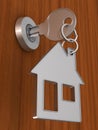 Key and trinket house on wooden background. 3d illustration