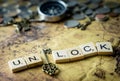 Key Unlock concept for treasure on vintage map Royalty Free Stock Photo