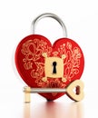 Key unlocks red heart shaped box. 3D illustration