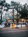 Key West, Florida, USA - January 1, 2019: American popular landmark famous touristic place Hard Rock Cafe on Duval street.