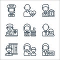 Key workers line icons. linear set. quality vector line set such as doctor, carer, guard, undertaker, politician, banker, social