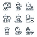 Key workers line icons. linear set. quality vector line set such as scientist, midwife, police officer, carer, worker, pharmacist