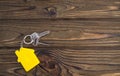 Key with yellow shaped house keychain on chain on wood texture background. Royalty Free Stock Photo