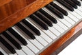 The keyboard of a brown upright piano on a white background. Royalty Free Stock Photo