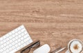 Keyboard, coffee cup, glasses, pen and pencil on wood office desk table, top view, copy space, 3d rendering Royalty Free Stock Photo