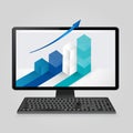 Keyboard and computer monitor with growing bar graph and arrow on screen. analysis business, finance, statistics concept