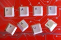 Keyboard keys form the word FAKE TRUE on red electric circuit in Royalty Free Stock Photo