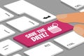 Keyboard With Magenta Color Save The Date Button - Computer Or Laptop With Fingers - Vector Illustration