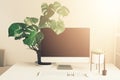 Keyboard, mouse, computer display with black blank screen. Modern designer workspace on grey background. Minimalistic home office Royalty Free Stock Photo