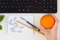 Keyboard, pencil, notebook, paper clips, orange. The concept Royalty Free Stock Photo