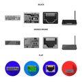 Keyboard, router, motherboard and connector. Personal computer set collection icons in black, flat, monochrome style