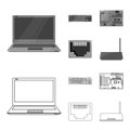 Keyboard, router, motherboard and connector. Personal computer set collection icons in outline,monochrome style vector Royalty Free Stock Photo