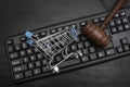 Keyboard, shopping cart and judges hammer. Online Auction