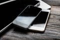 Keyboard with two phones and tablet pc Royalty Free Stock Photo