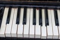 The keyboard of a very old abandoned piano is covered with dust, some keys have dropped, some are absent