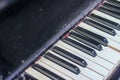 The keyboard of a very old abandoned piano is covered with dust, some keys have dropped, some are absent