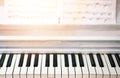 Keyboard of white vintage piano with black and white key and sheet music Royalty Free Stock Photo