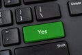Keyboard with Yes button. Green key with Yes words on a black desktop computer keyboard. Confirm, verify, agree the terms and and