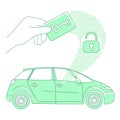 Keycard and keyless lock, car access thin line concept vector illustration