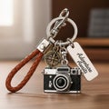 Keychain featuring a miniature camera, a compass, and a rectangular tag with \