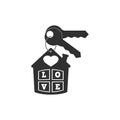 Keychain with key ring, pendant house locket with heart and inscription love, two keys. Vector icon. Clipart and drawing. Royalty Free Stock Photo