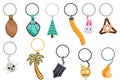 Keychain keyholder, icon set. Cartoon color different types of key ring, chain round holders or metal trinket. Modern Royalty Free Stock Photo