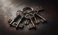 Keychain with old keys on a textured background, copy space Royalty Free Stock Photo