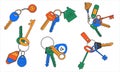 Keychains. Doodle key rings and pendants. Colorful latchkeys. Magnetic keyrings and NFC-tags. Isolated lock passkeys