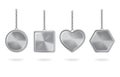 Keychains set. Metal round, square heart hexagon