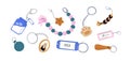 Keychains, trinkets set. Key accessories collection. Different rings, keyrings, holders, chains, pendants, fobs with