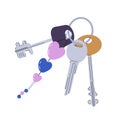 Keychains vector. Pendants in shape of bow, cat, hearts, chain. Trinkets, keyholders and keyrings