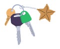 Keychains vector. Pendants in shape of bow, cat, hearts, chain. Trinkets, keyholders and keyrings