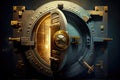 keyhole in the door of a bank vault, with stacks of cash and gold visible