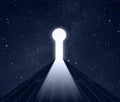 Keyhole door in Cosmos stars background . The Road To success Concept. Light Door Key Hole In Space With Night Starry Sky and Royalty Free Stock Photo