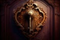 keyhole of grand wooden door leading to unknown room, with ornate key and intricate lock